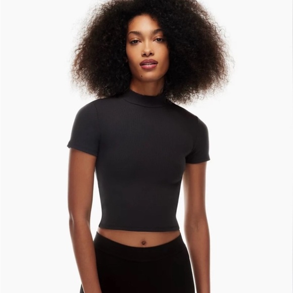 Aritzia Babaton Formarib Teal Ribbed Mockneck Short Sleeve Crop Tee - Picture 5 of 7